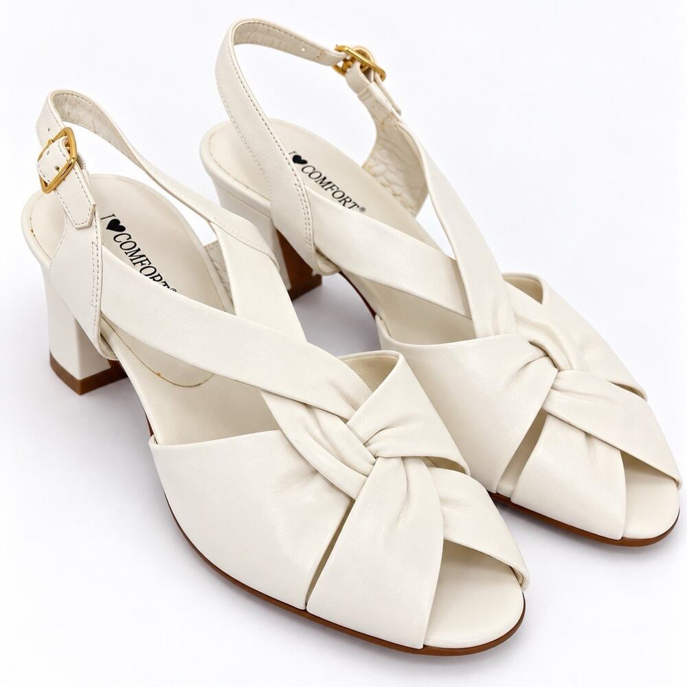 I Love Comfort Caramel Womens 9M White Slingback Block Heel Sandals Knot